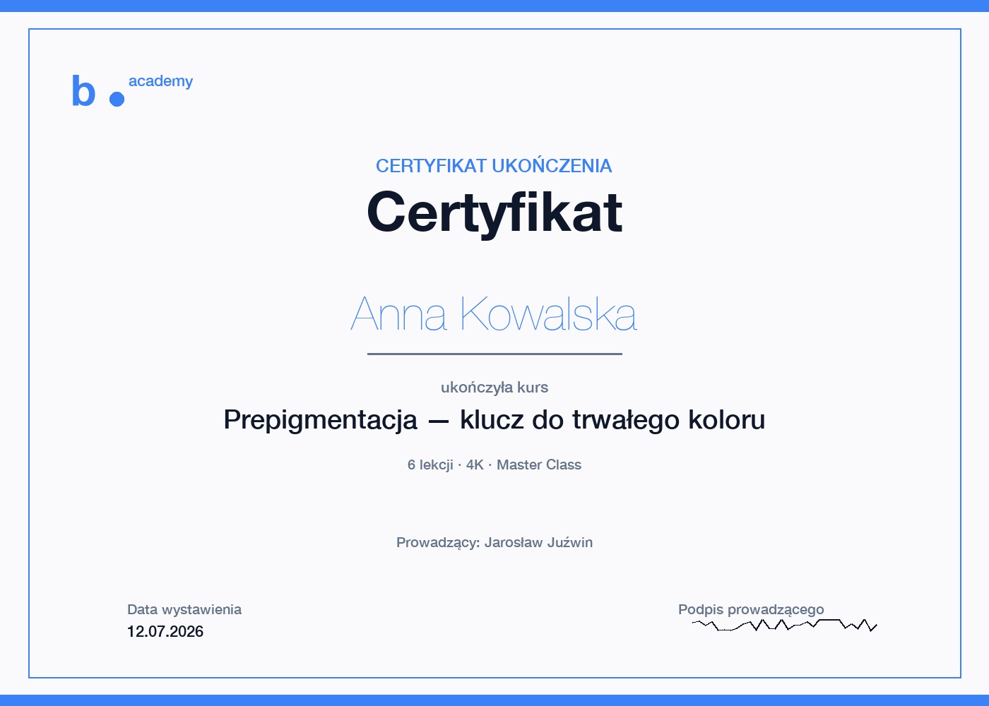 Przykładowy certyfikat Academy